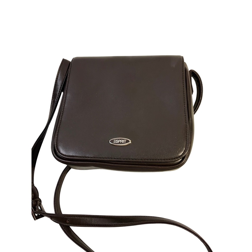 Vintage Esprit Brown Faux Leather Crossbody Bag 90s Minimalist Flap Purse